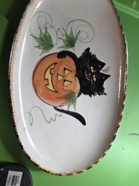 Halloween Cat Pumpkin Oval Serveware Platter - Emerson Creek Pottery 2001